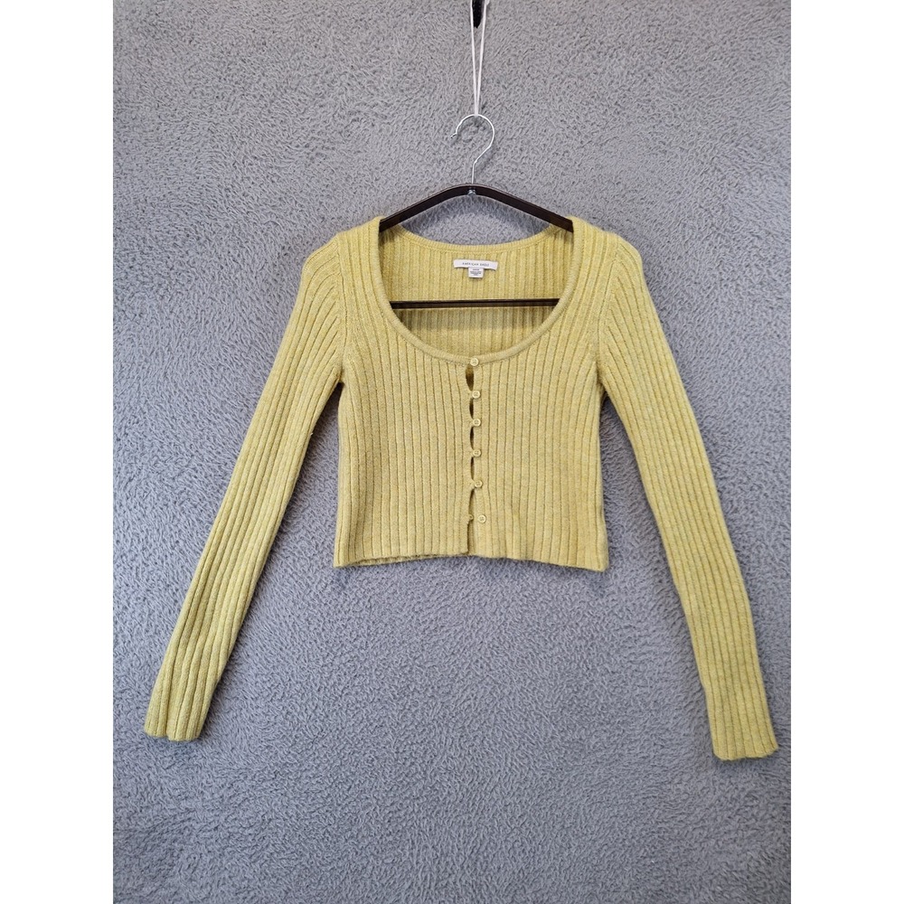 American Eagle Cropped Cardigan Women's S Yellow Ribbed Button Front Scoop Neck